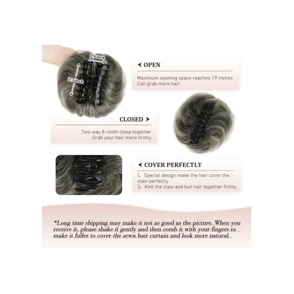 Large Messy Bun Hair Piece Claw Clip 100% Human Hair Wavy Chignon Gray (1B/62)